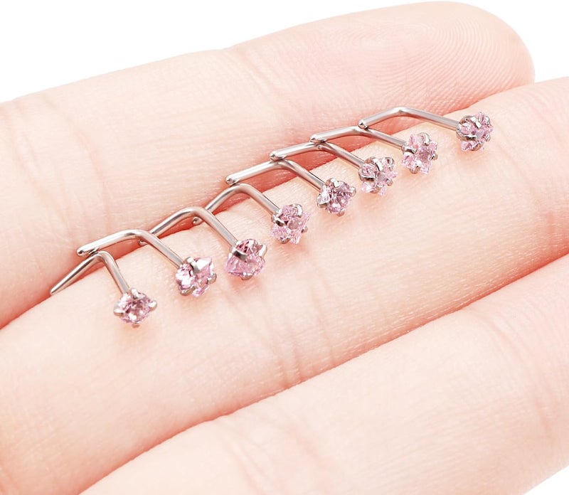 Ftovosyo Hypoallergenic Nose Rings Studs 18G & 20G Surgical Steel Nose Studs L Shaped Nostril Piercing Jewelry with Pink Cubic Zirconia for Women & Men - Image 4